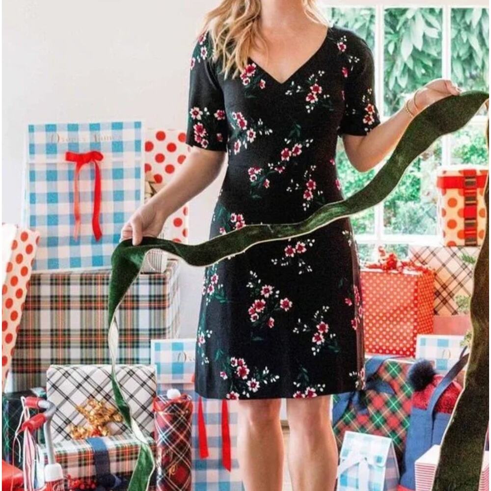 DRAPER JAMES Floral V-Neck Dress Black Multi {DD5}